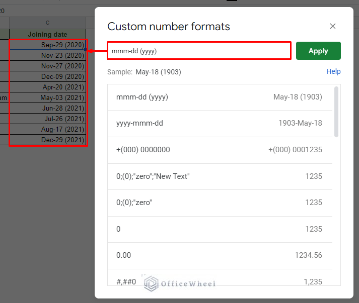 changing date format using custom number format option in google sheets