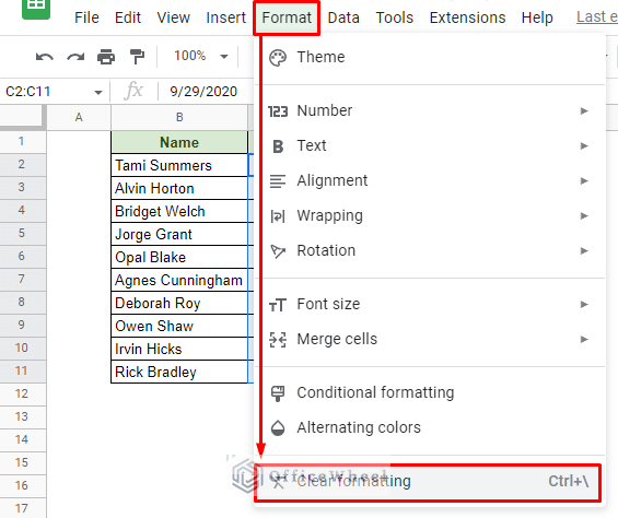 the clear formatting option in google sheets