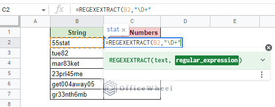 inputting the regular expression to extract only text in google sheets 