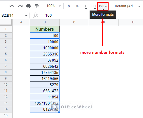 selecting the numbers and navigating to the more formats icon