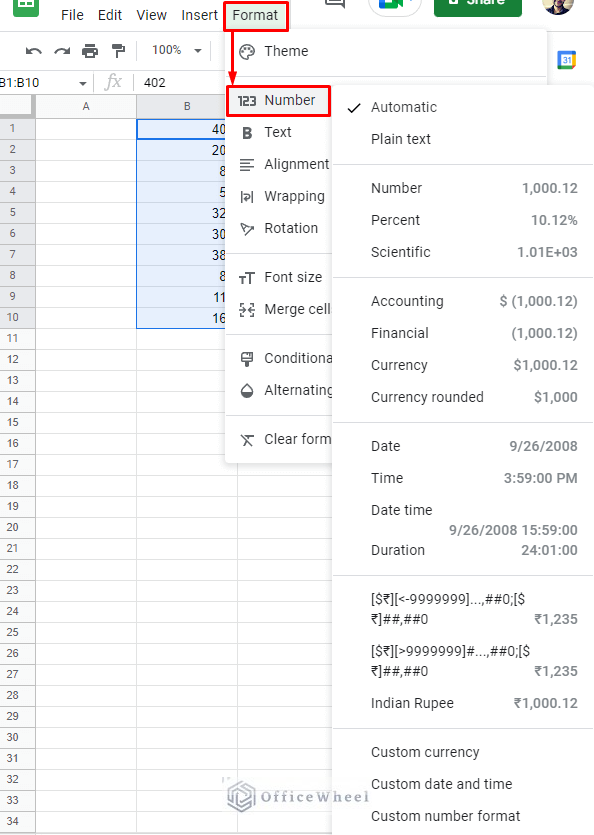 number format options in the format menu in google sheets