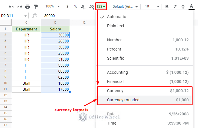 navigating to the more formats option in google sheets toolbar