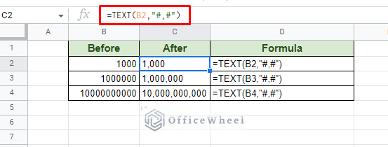 format number to add comma separator using the text function in google sheets