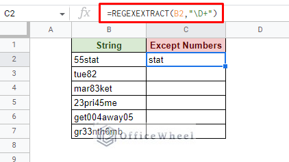 remove all numbers from string in google sheets using regexextract