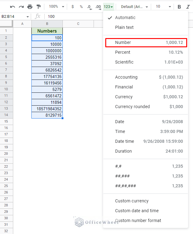 navigating to the number format to apply to the cells