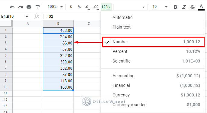 change to the default number format on number values in google sheets