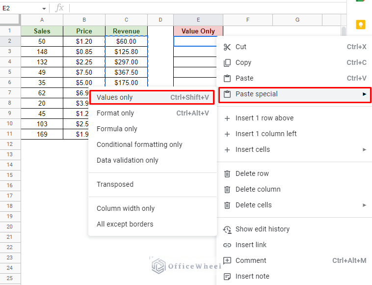 navigating the paste special option to find the values only option
