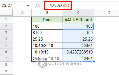 extracting the number value using the value function in google sheets