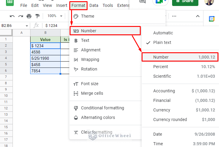 navigating to the number option from the format tab in google sheets