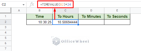 using timevalue function to convert time to the number of hours passed in google sheets