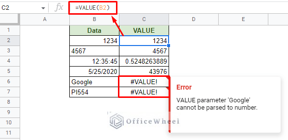 using the value function to convert values to number in google sheets