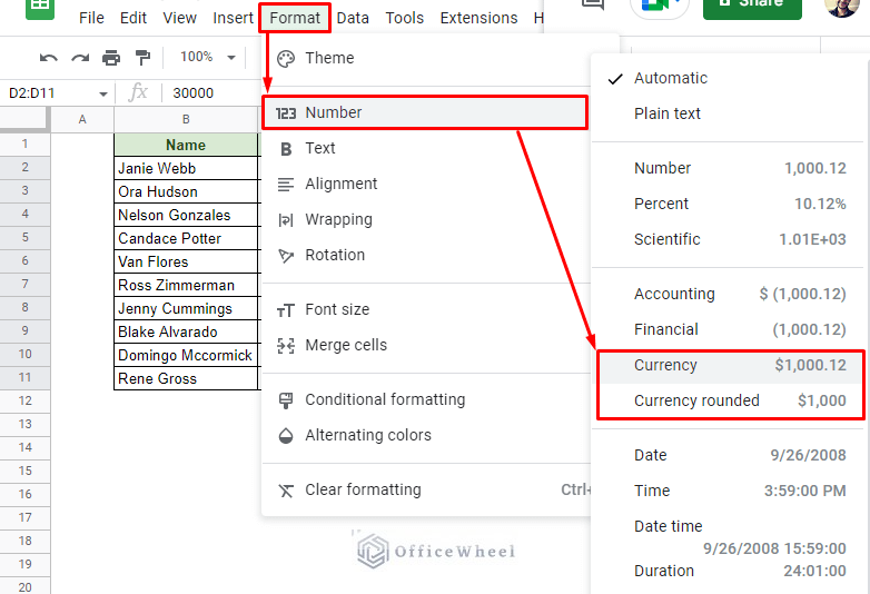 currency format options can also be found in the format tab of google sheets