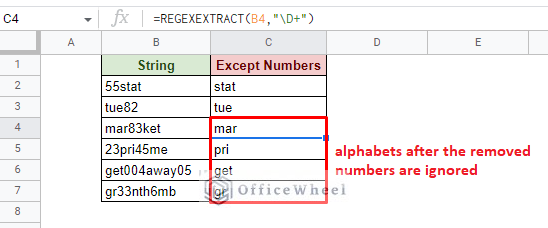 the regexextract function ignores all text beyond the removed numbers in google sheets