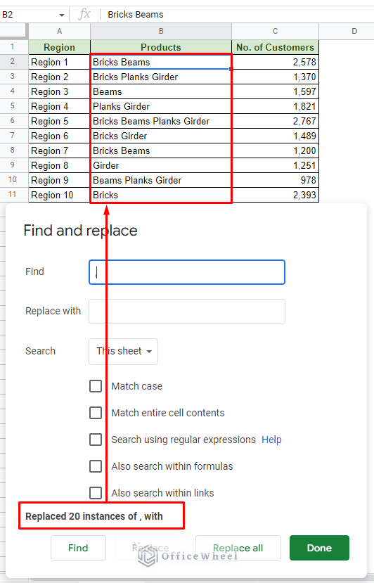 remove all comma using find and replace in google sheets