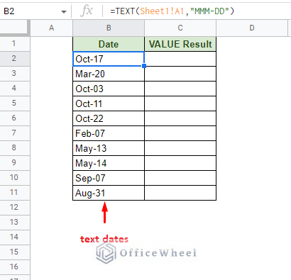dates imported and formatted as text