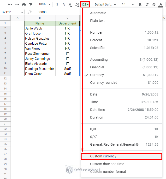 navigating to the custom currency option from more formats option