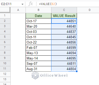 extracting the underlying date values with value function from a text date in google sheets