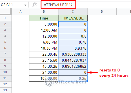 getting the fractional time value with the timevalue function