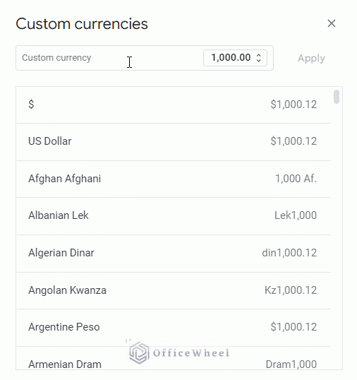 searching through different currencies in the custom currencies window
