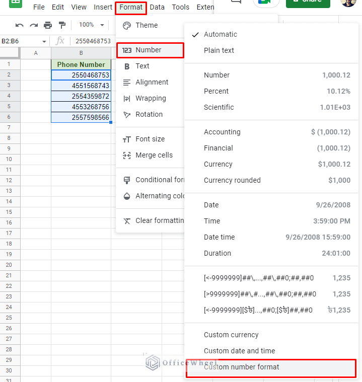 navigating to the custom number format option from the format tab of google sheets