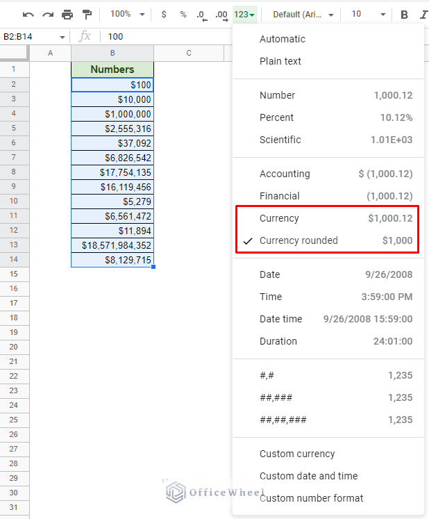 selecting the currency format al adds commas to the numbers in google sheets