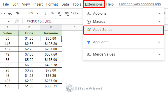 navigating to the apps script option from the extensions tab