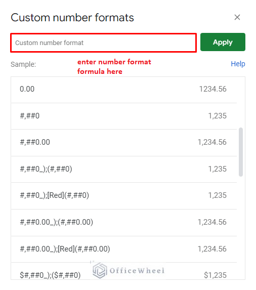 the custom number formats window