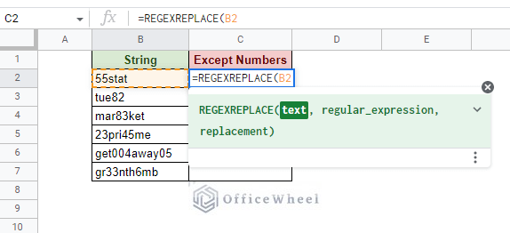 opening the regexreplace function and referencing the cell with string