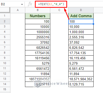 using the text function to add commas to numbers in google sheets