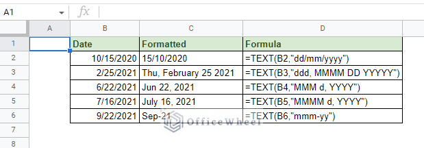 formatting dates in different formats using the text function in google sheets