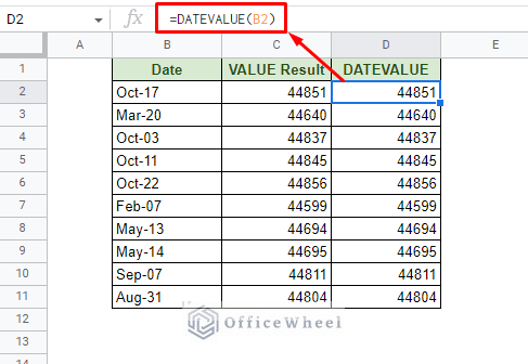 the datevalue function gives the same output as the value function