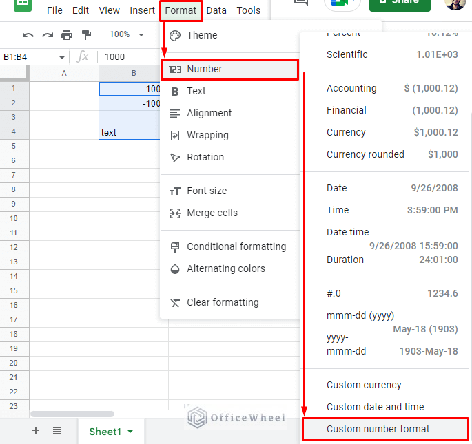 navigating to the custom number format option from the format tab in google sheets