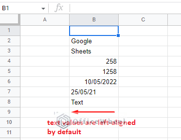 text values are formatted to the left of the cell in google sheets by default