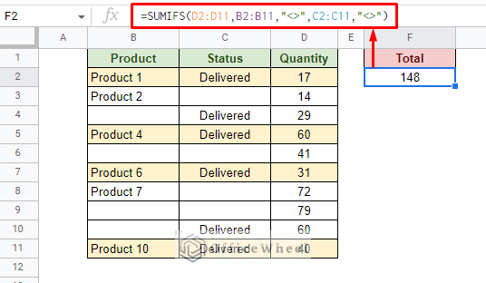 sum for multiple non blank cell condition in google sheets using the sumifs function