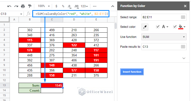 if cell color is red then sum in google sheets using add-on feature