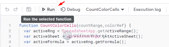 select run to activate the script to count cells with color in google sheets
