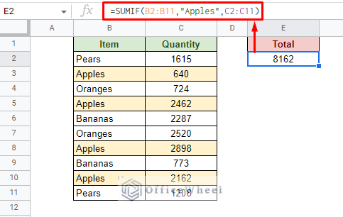 sum dependent on the text of another cell in google sheets using sumif function