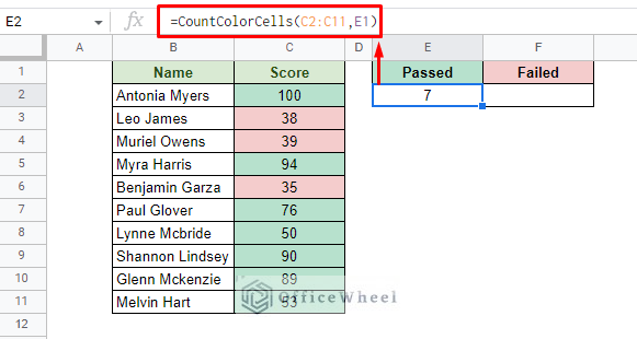 count passed color cells in google sheets with apps script function