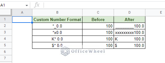 result of the asterisk rule in custom number format in google sheets