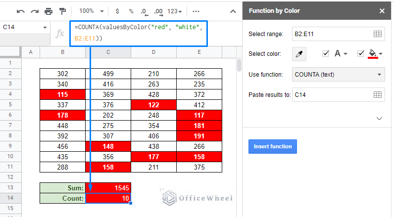 if cell color is red then count in google sheets using add-on feature
