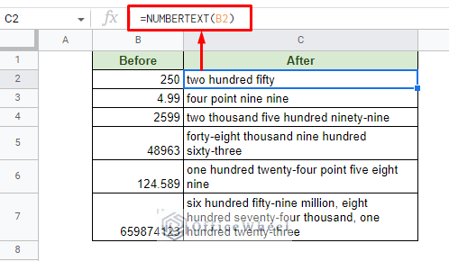 convert number to words in google sheets with numbertext function add-on