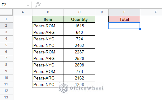 sample dataset with text codes and quantities