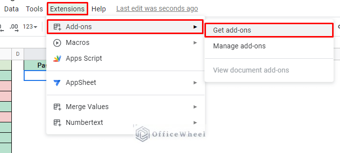 navigating to the get add-ons option from the extensions tab in google sheets
