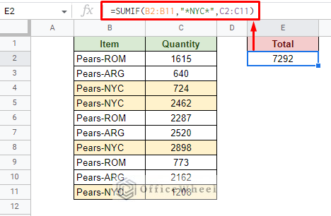 sum for partial text match in google sheets
