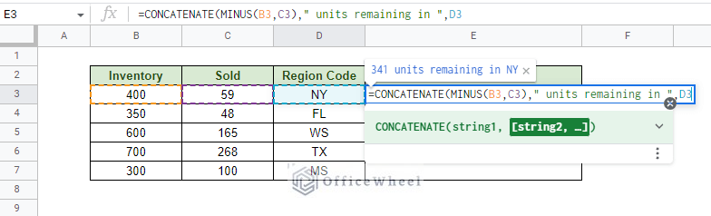 adding the region code to the concatenate formula