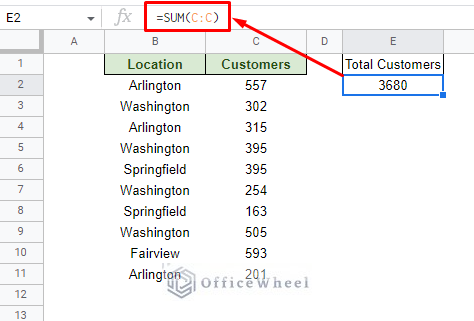 sum entire column with the sum function in google sheets