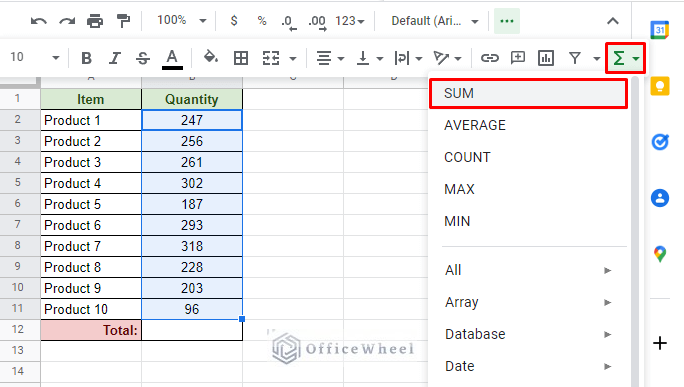 navigating to the sum option from the functions button in google sheets toolbar