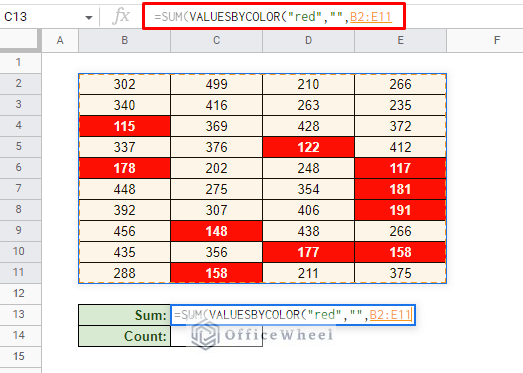 setting the parameters for the valuesbycolor function