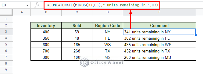 append text and formula in google sheets using the concatenate function