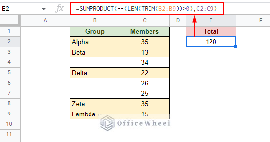 sum if cell is not blank without the helper column using the sumproduct function
